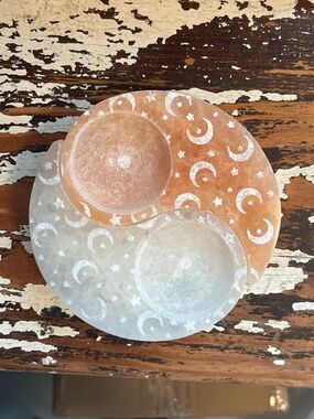 Yin Yang Selenite Tea Light Candle Holder Set Moon & Stars Celestial